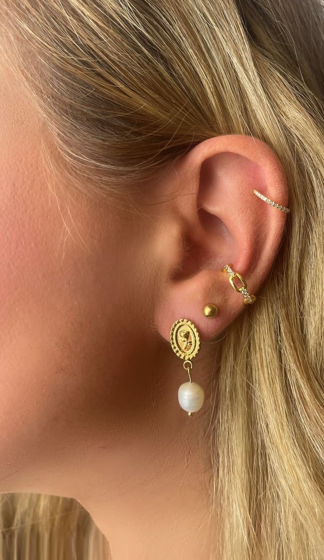 Gold Oval Drop with Freshwater Pearl Earrings