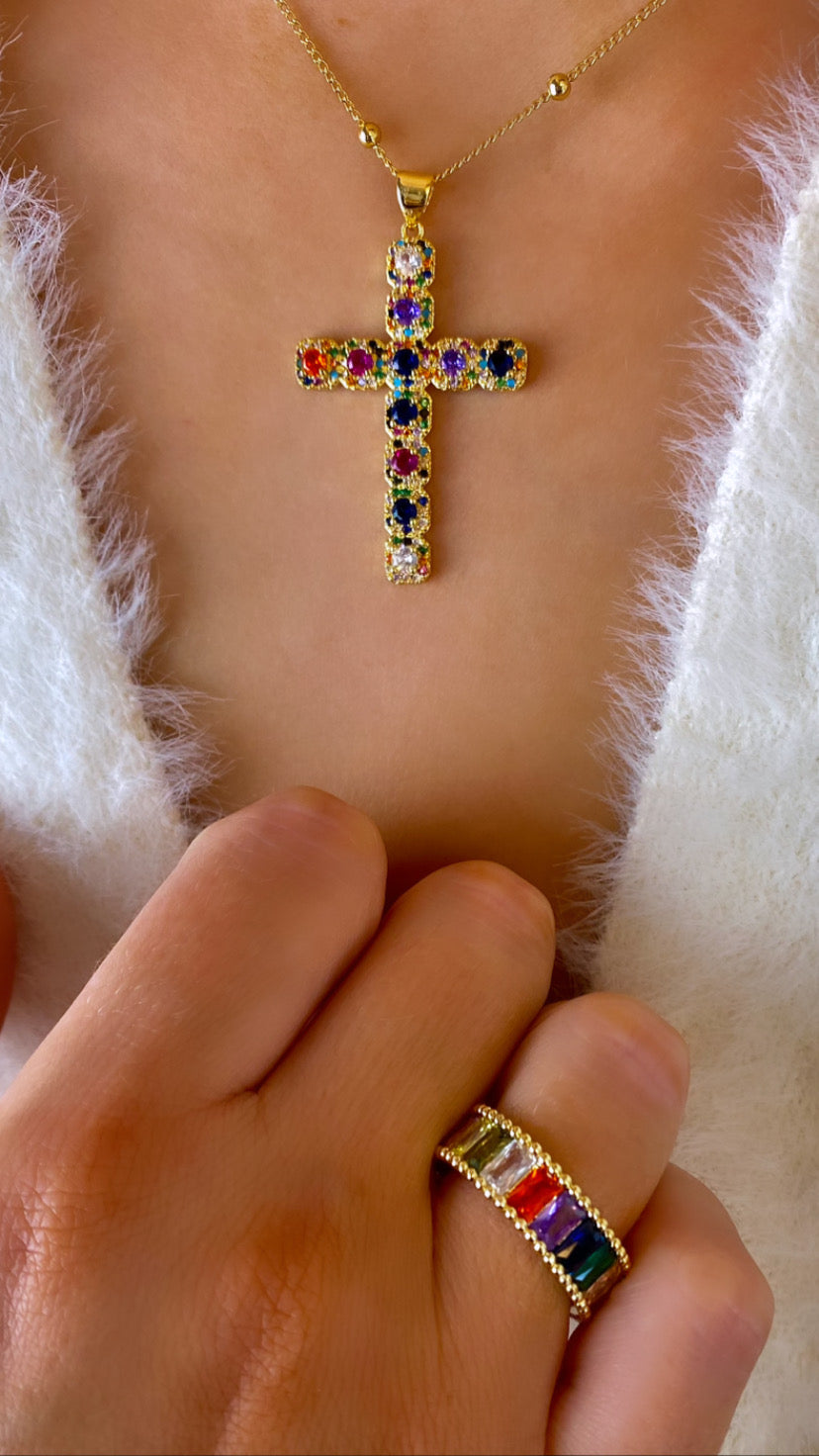 Rainbow Cross Pendant Bead Necklace