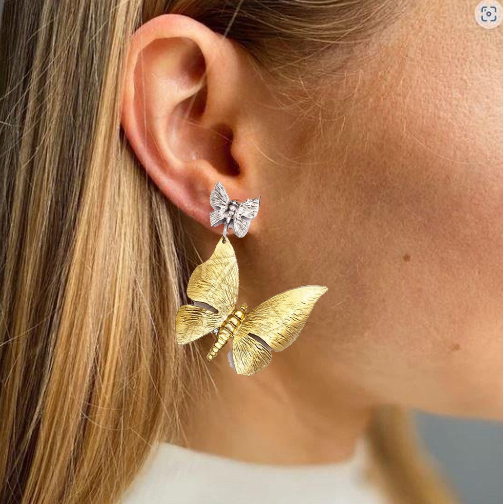 Gold & Silver Drop  Butterfly Earrings