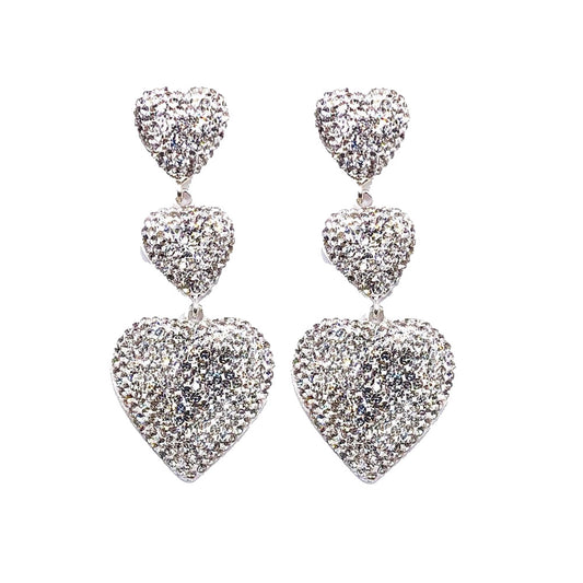 Silver Crystal Heart Triple Drop Earrings