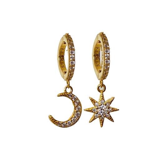 925 Sterling Silver Moon & Star Huggie Earrings