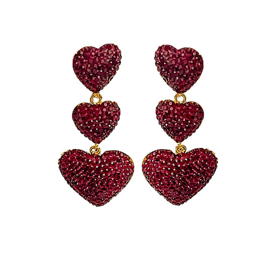Ruby Heart Triple Drop Earrings