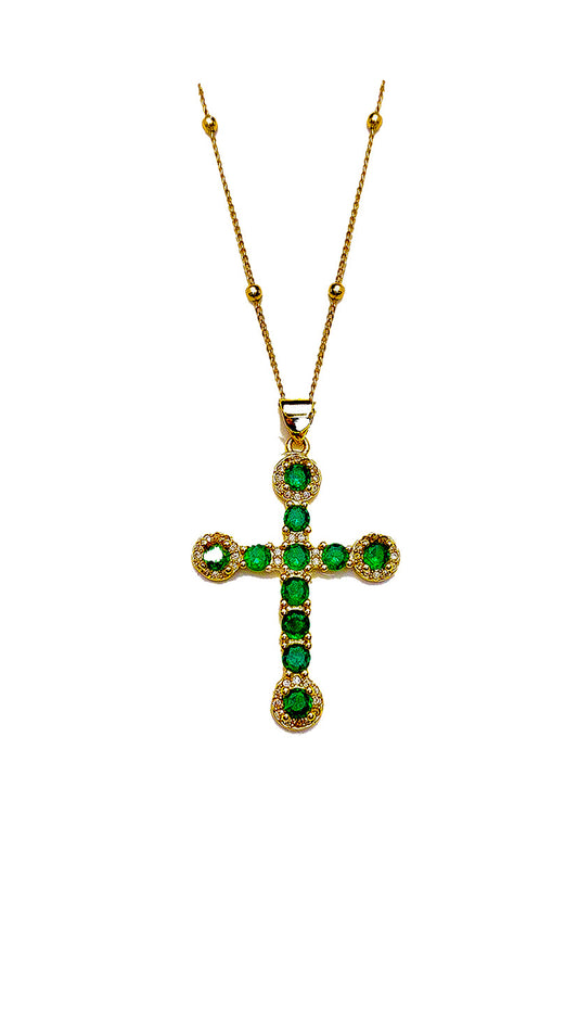 Emerald Vintage Cross Pendant Bead Necklace