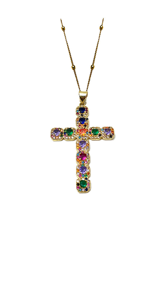 Rainbow Cross Pendant Bead Necklace