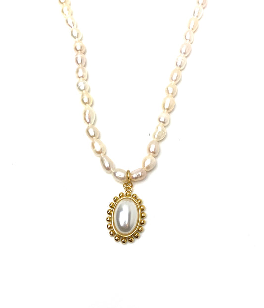 925 Sterling Silver Gold Oval Beaded Pearl Necklace