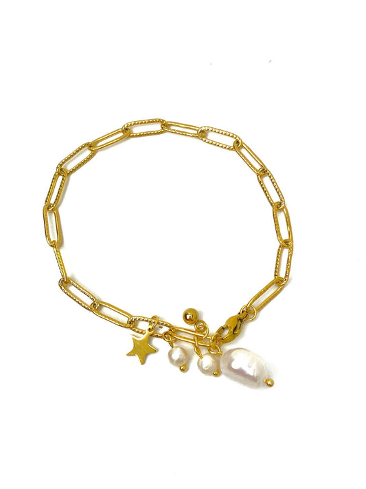 Paper Clip Bracelet with Pearls & Star Charms