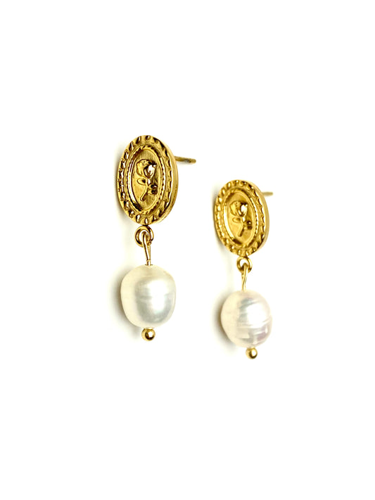 Gold Oval Drop with Freshwater Pearl Earrings